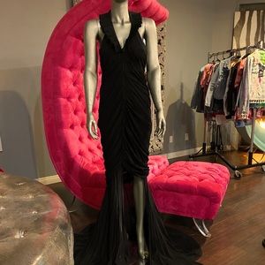 Open back designer black dress with train